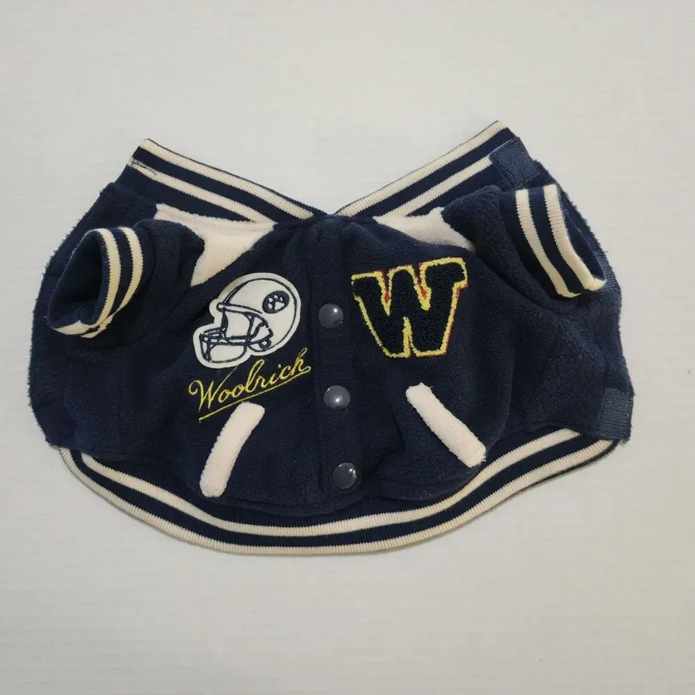 Woolrich Dog Varsity Fleece Jacket Football Warm Lined Blue White XS or XXS